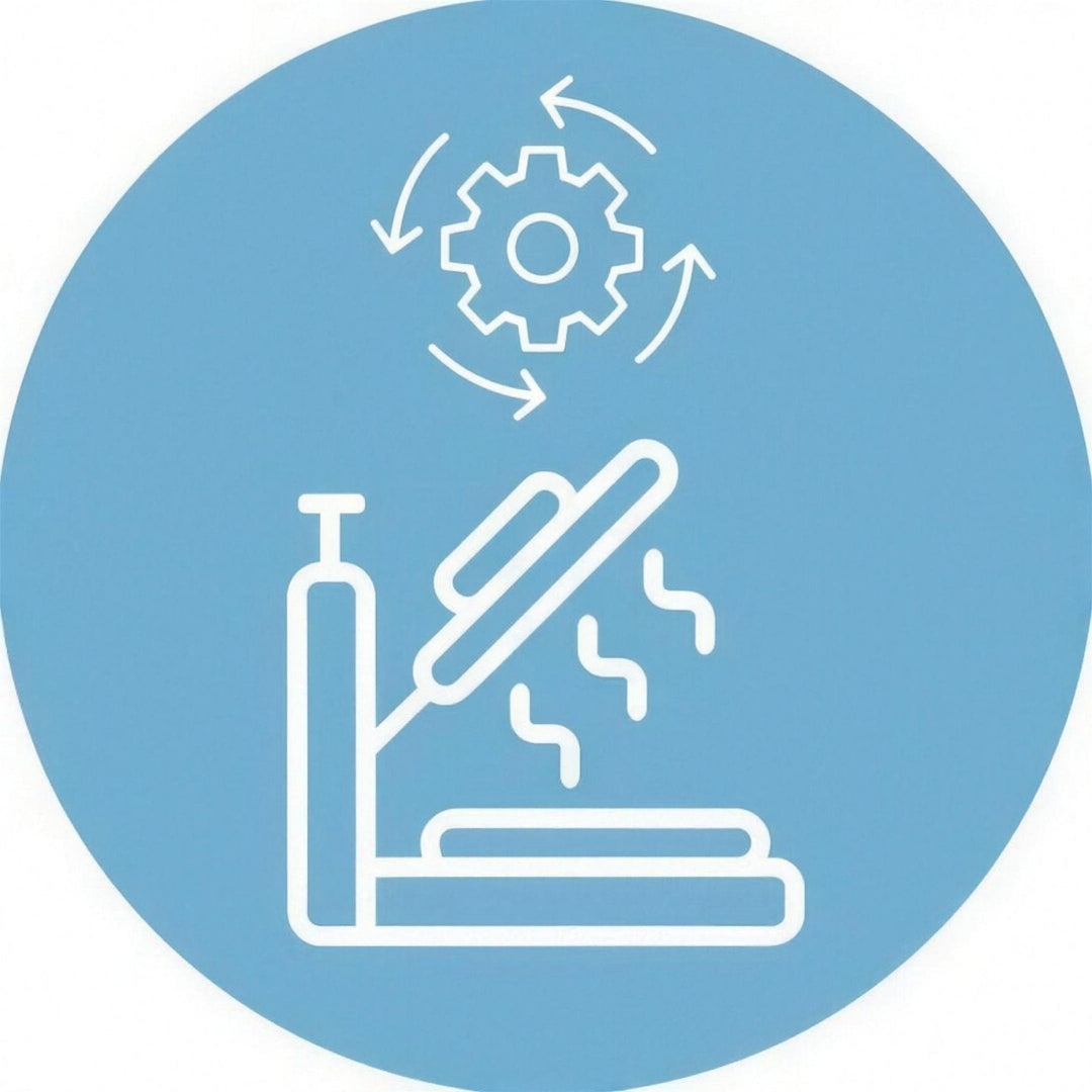 Auto clam heat press starter kits: a white line icon of an open clam heat press with heat waves and a gear with circular arrows, on a light blue circle