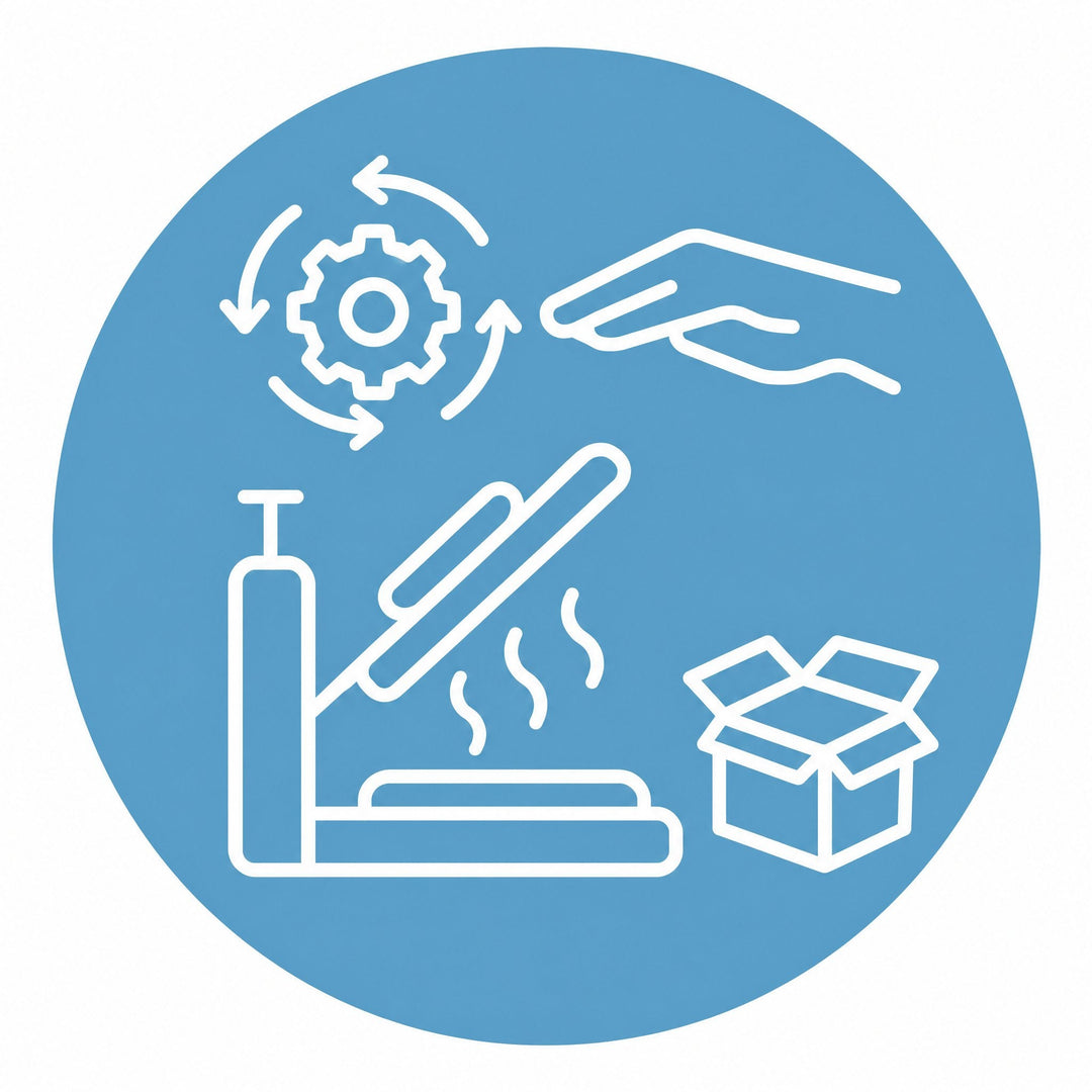 Auto and manual clam heat press starter kits: a white line icon of a clam heat press with a gear, a hand and an open box, on a blue circle