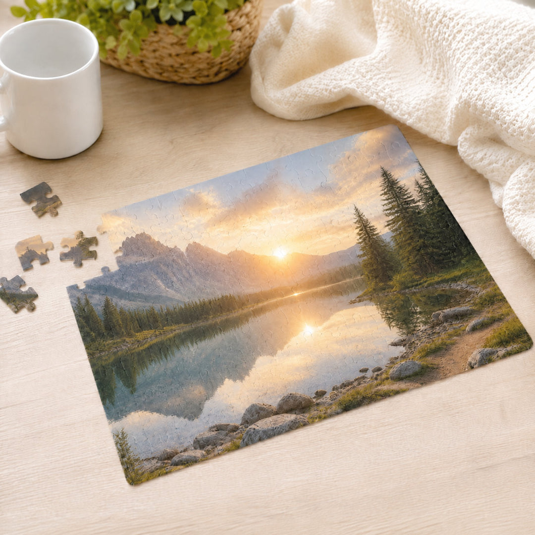 Cardboard jigsaw puzzles: a finished puzzle of a mountain lake at sunset with pine trees and a few loose pieces, on a wooden table beside a blanket and a mug
