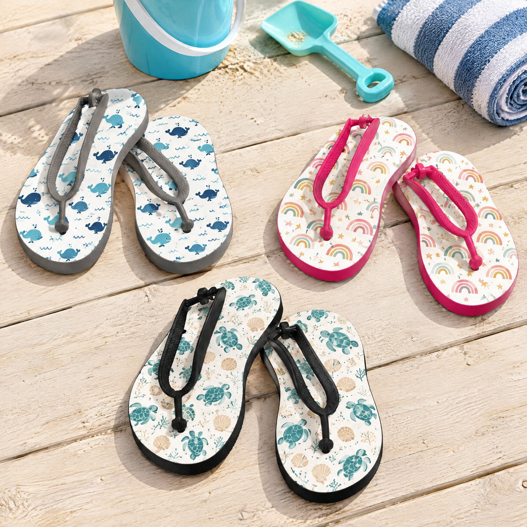 Children's sublimation flip flops: three small pairs printed with whales, rainbows and sea turtles on a wooden deck beside a bucket and spade