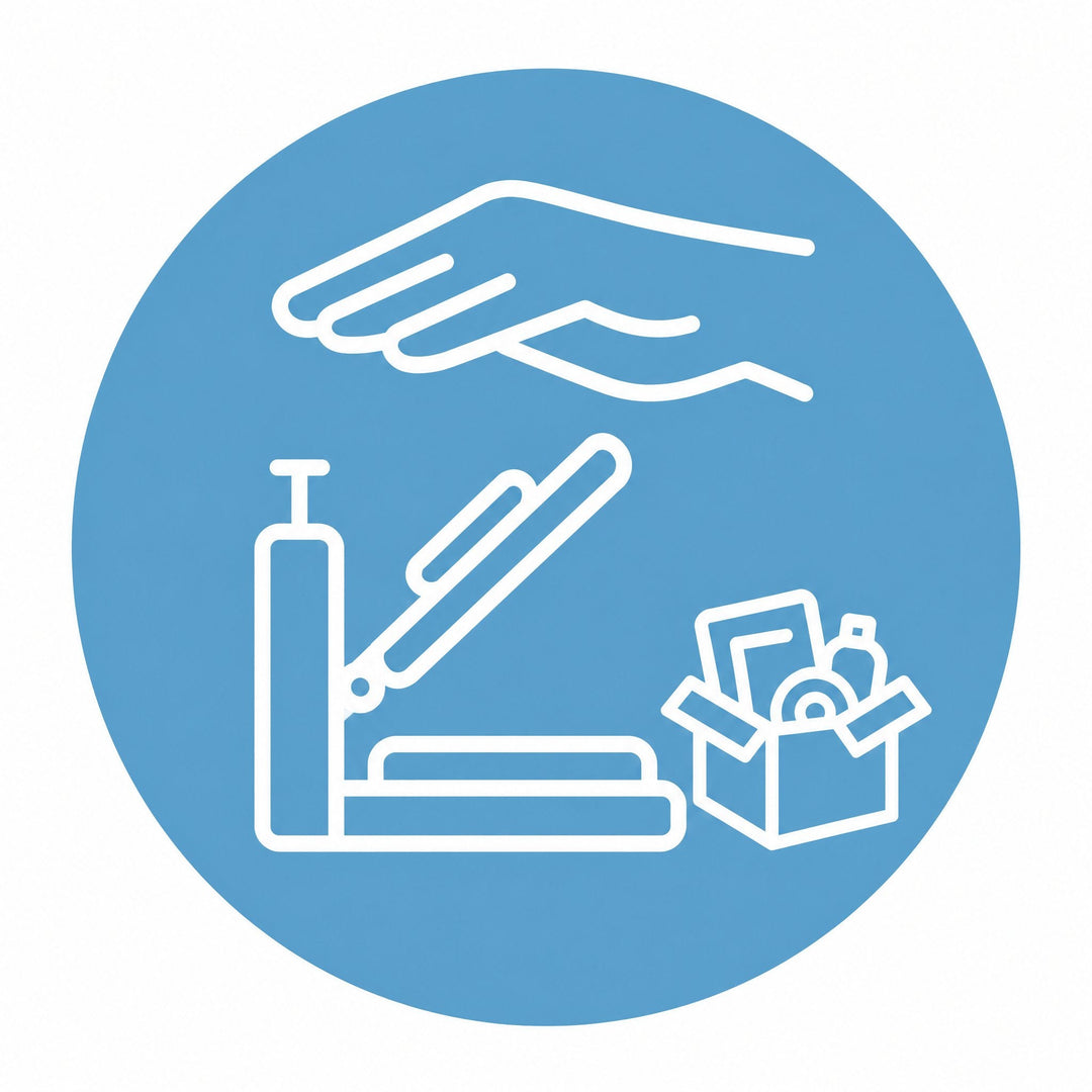 Manual clam heat press starter kits: a white line icon of an open clam heat press with a hand above it and a box of accessories, on a blue circle