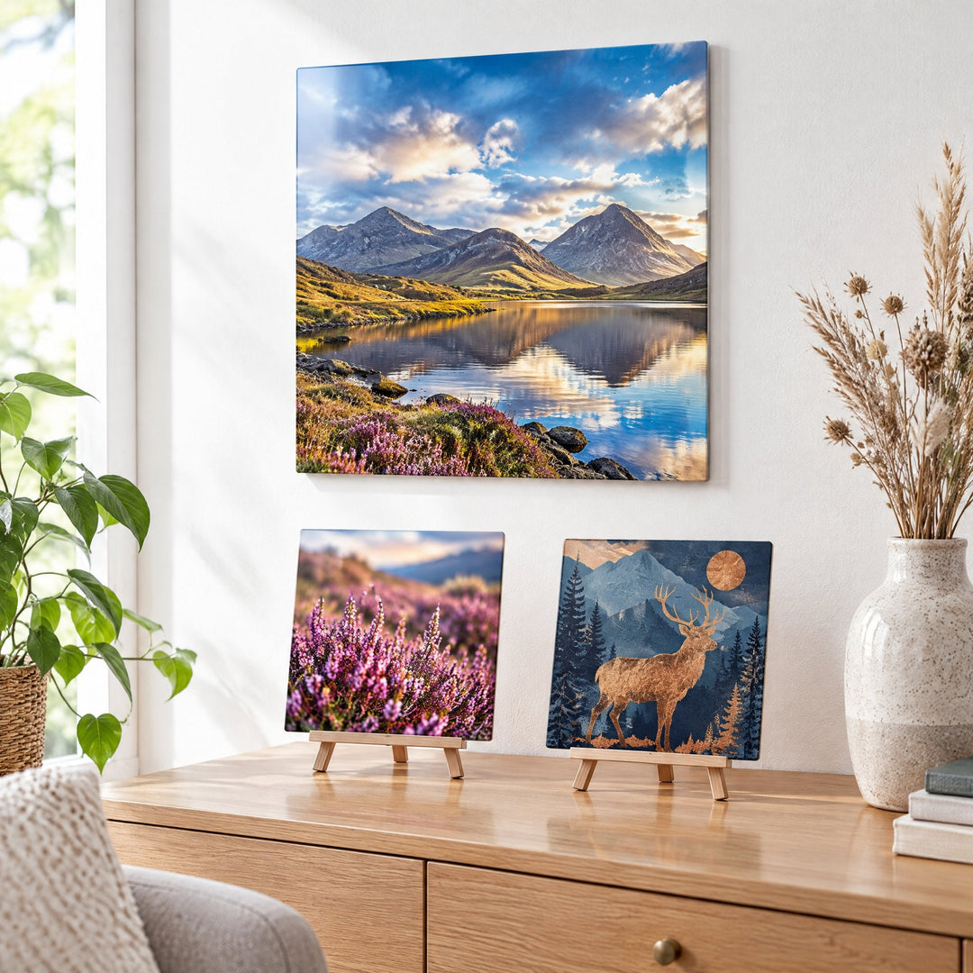 Sublimation square panels: a large panel of a mountain lake on the wall and two small panels of heather moorland and a stag on mini easels, on a sideboard