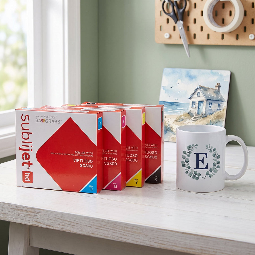 SubliJet-HD ink for Sawgrass Virtuoso SG800: red SubliJet HD cartridge boxes, a mug with a letter E in a leaf wreath and a seaside cottage print on a desk