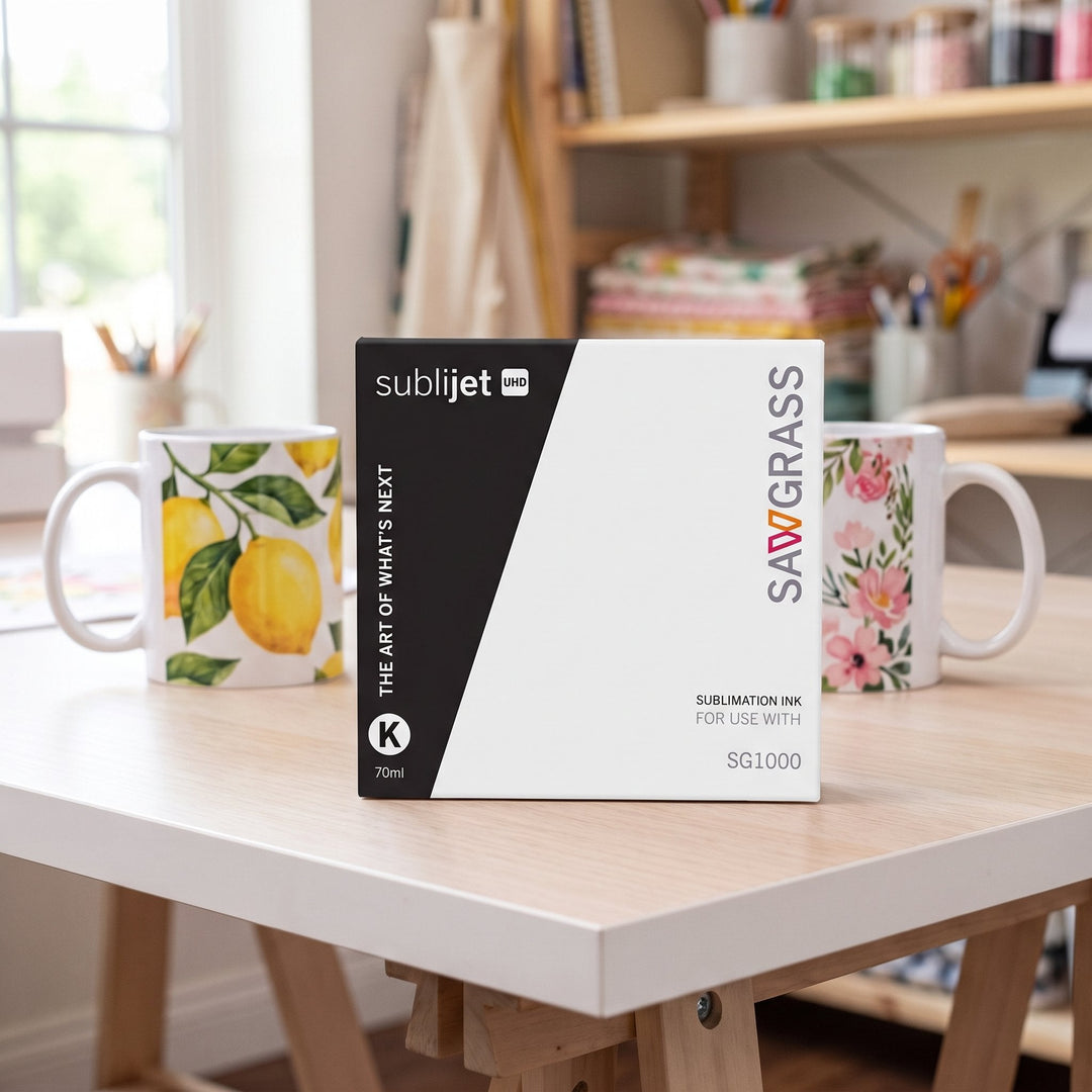 Sublijet UHD SG1000 high capacity ink: a black and white Sawgrass SubliJet UHD black ink box for the SG1000, between lemon and floral print mugs