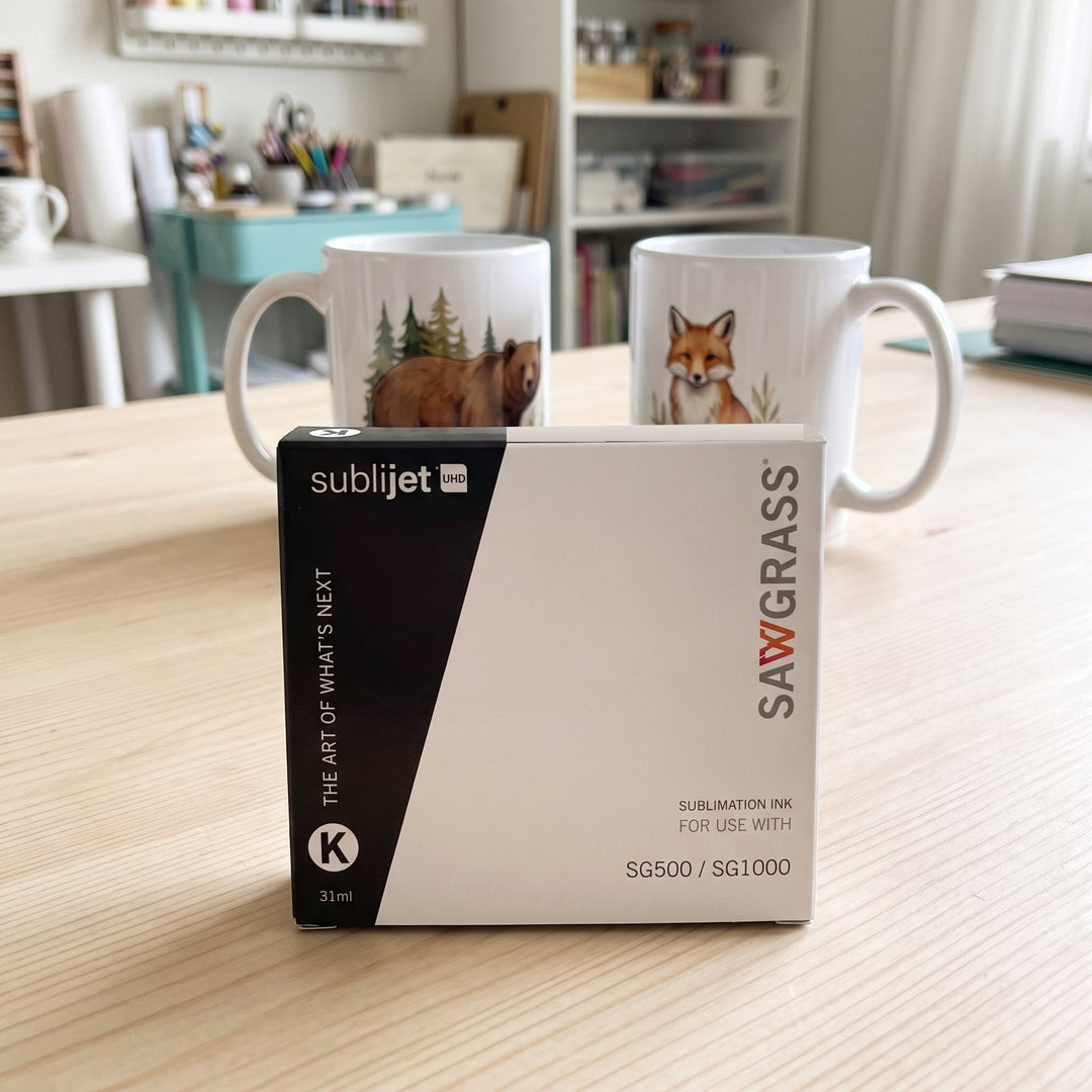 Sublijet UHD SG500/SG1000 standard capacity ink: a black and white Sawgrass SubliJet UHD black ink box in front of mugs printed with a bear and a fox