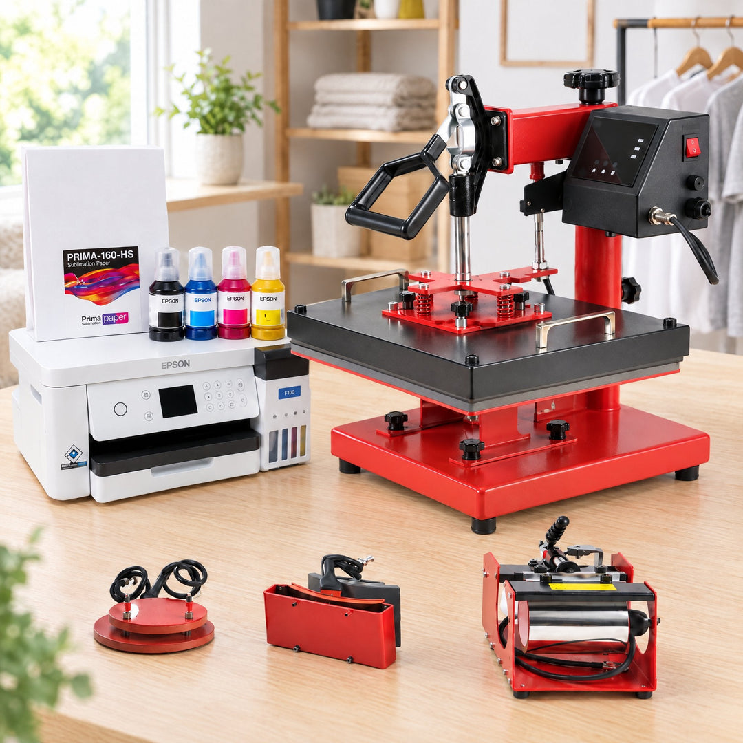 Swing away heat press starter kits: a red swing away heat press, an Epson printer with ink, Prima sublimation paper, a mug press and cap and plate attachments