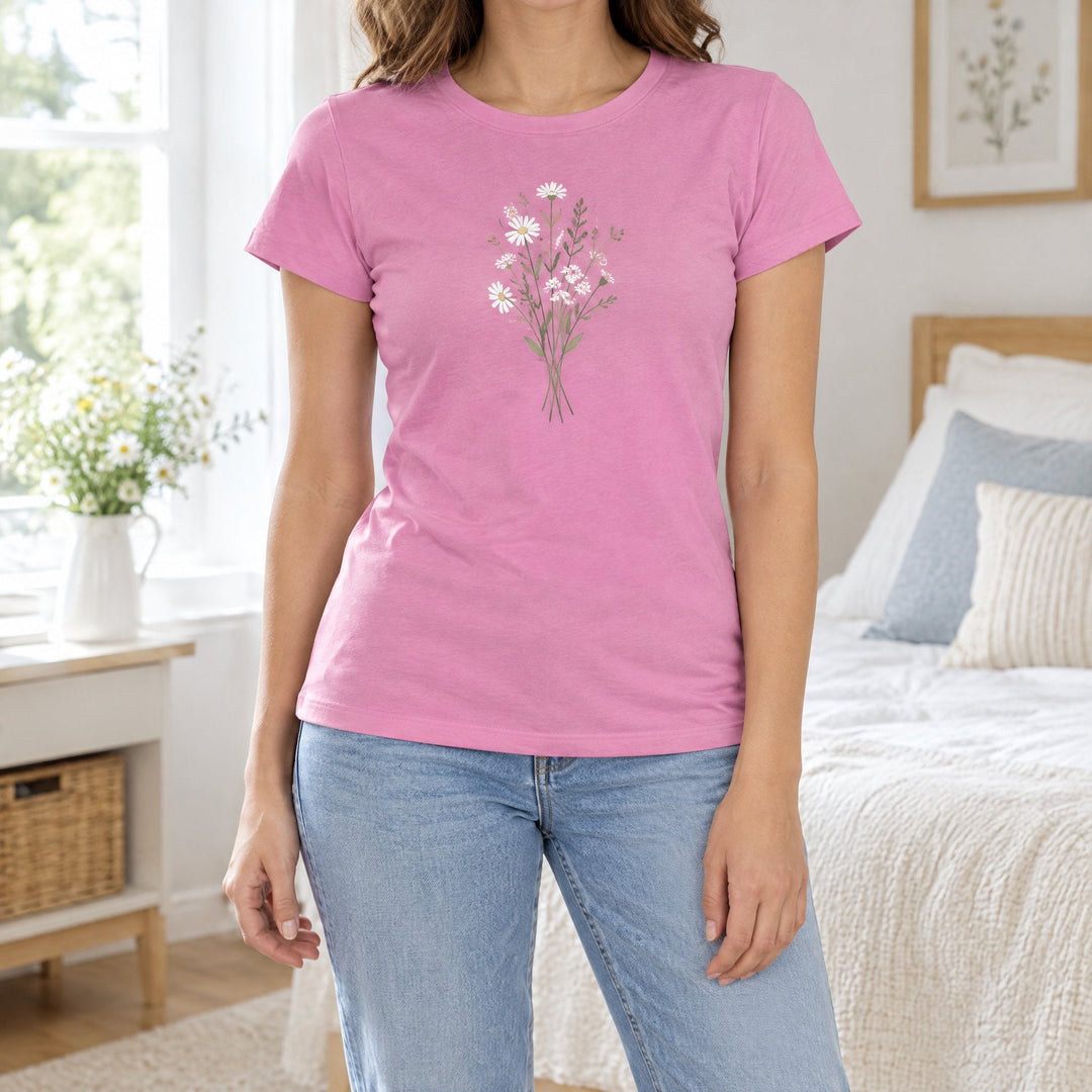 Women's cotton garments: a woman in a pink cotton T-shirt printed with a wildflower bouquet and jeans, in a bright bedroom