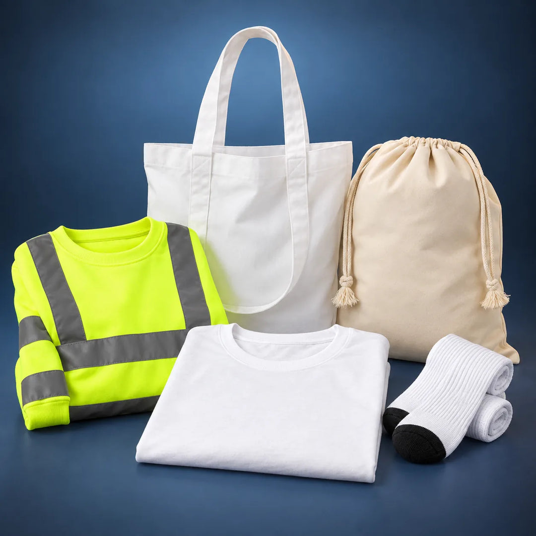 DTF blanks: white cotton tote, white t-shirt, hi-vis sweatshirt, natural drawstring sack and white sport socks