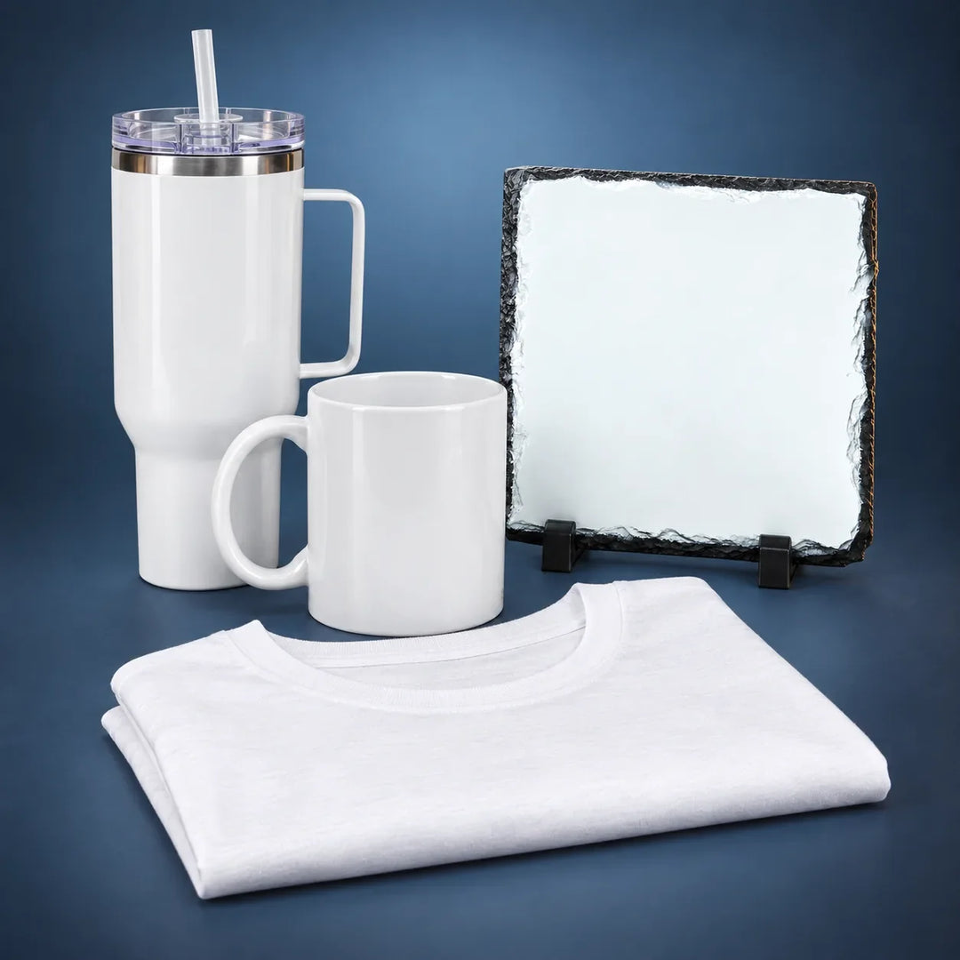 White sublimation blanks: 11oz mug, 40oz tumbler, square photo slate and polyester t-shirt