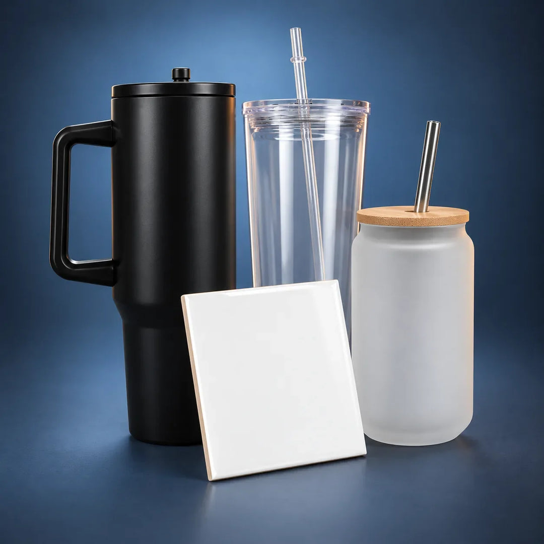 UV DTF blanks: black 40oz tumbler, clear snowglobe tumbler, frosted glass tumbler with bamboo lid and white ceramic tile