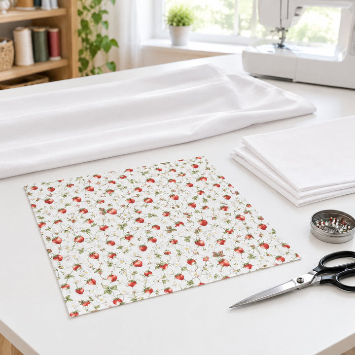 100% polyester sublimation fabric printed with strawberries and white blossom, in use