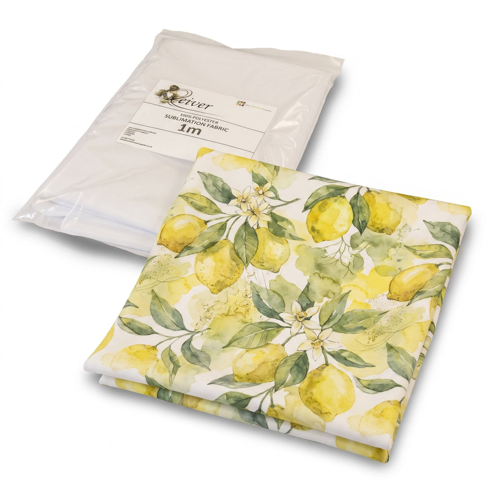 100% polyester sublimation fabric printed with watercolour lemons and blossom, folded in front of its 1m pack