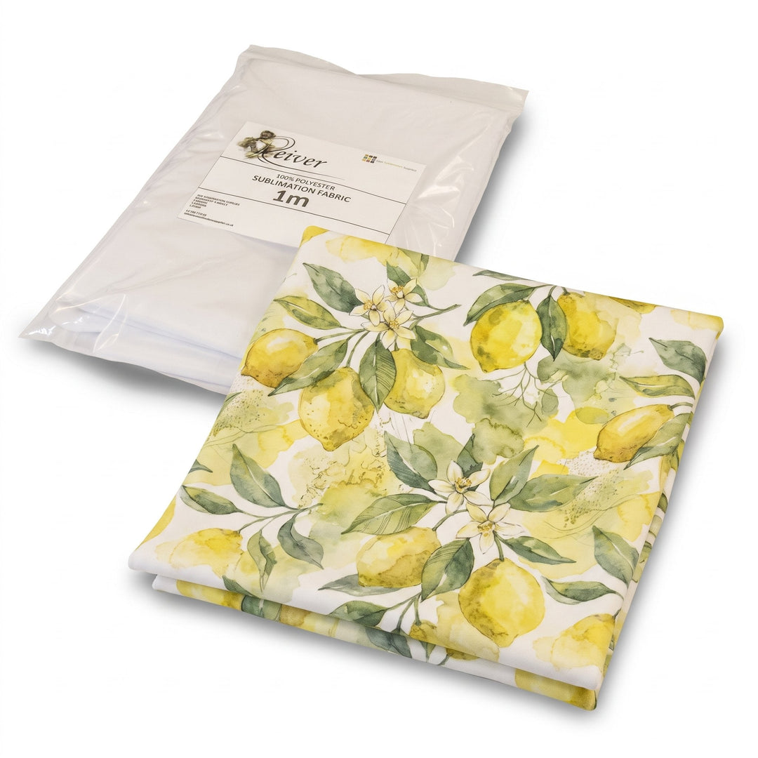 100% polyester sublimation fabric printed with watercolour lemons and blossom, folded in front of its 1m pack