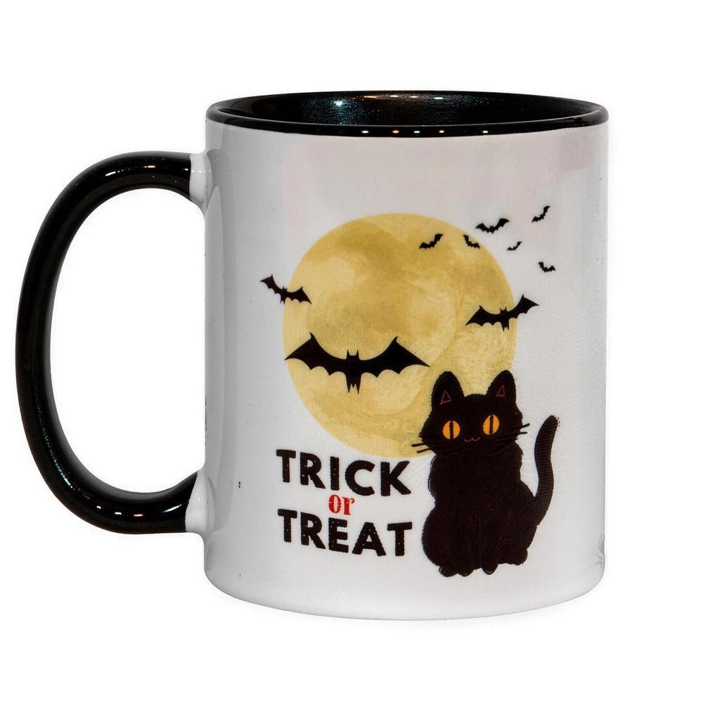 11oz black inner & handle sublimation mug printed with a 'Trick or Treat' black cat, bats and full moon design