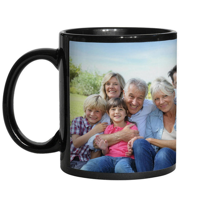 11oz black mug with patch printed with a family photo on its white patch