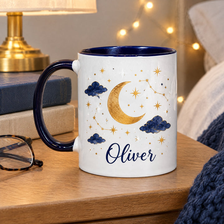 11oz dark blue inner &amp; handle sublimation mug printed with a celestial night-sky illustration, on a bedside table