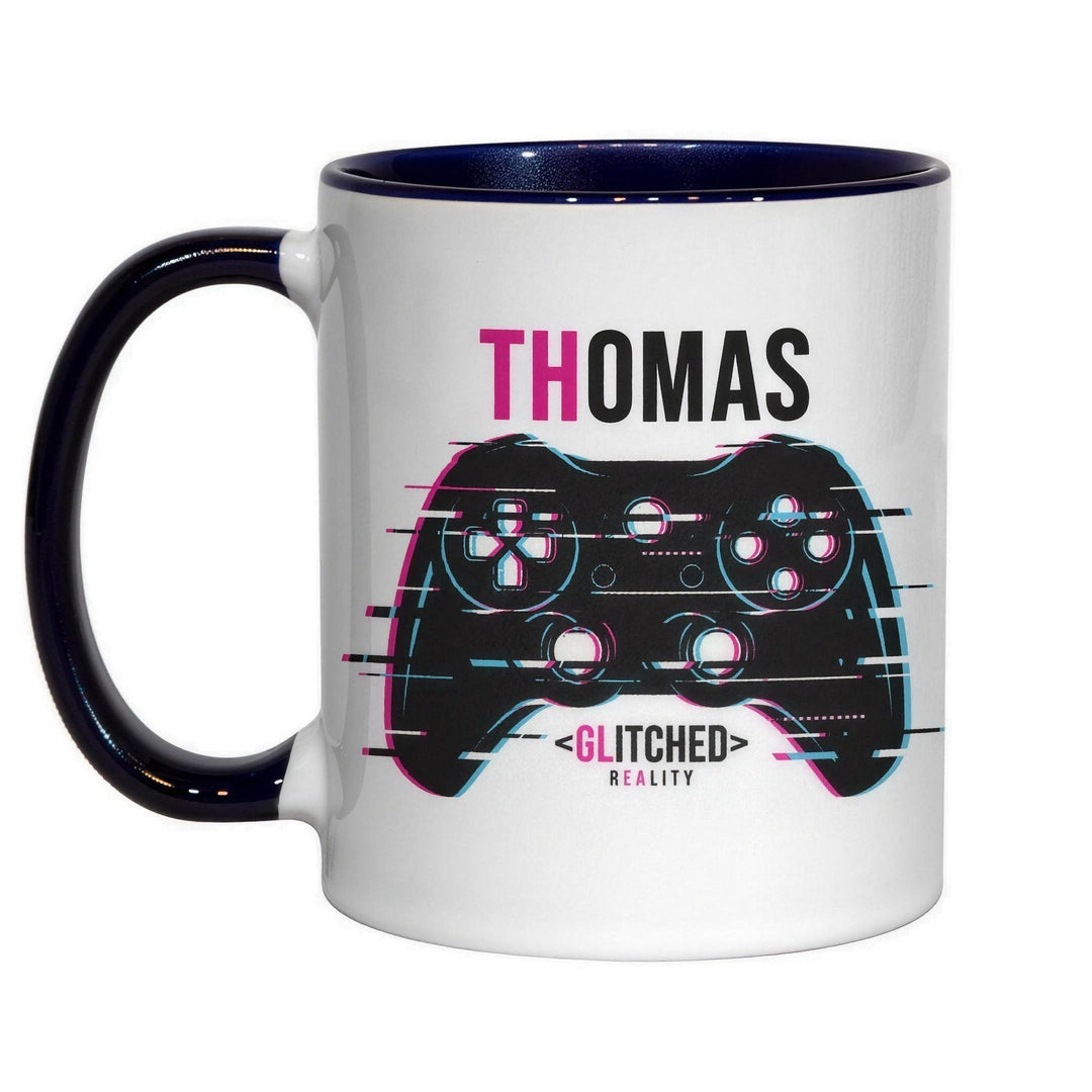 11oz dark blue inner &amp; handle sublimation mug printed with a glitch-style games controller and the name Thomas