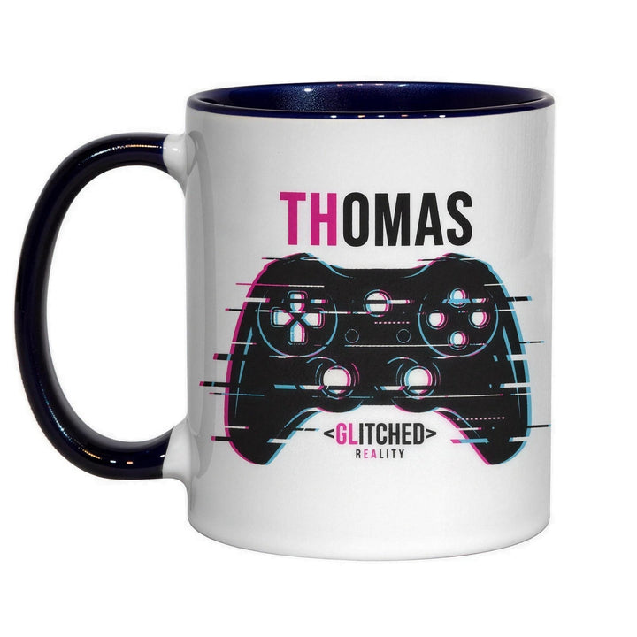 11oz dark blue inner &amp; handle sublimation mug printed with a glitch-style games controller and the name Thomas