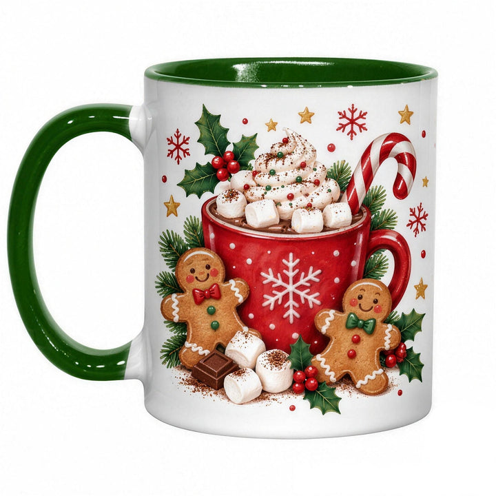 11oz green inner &amp; handle sublimation mug printed with a Christmas hot chocolate and gingerbread men design