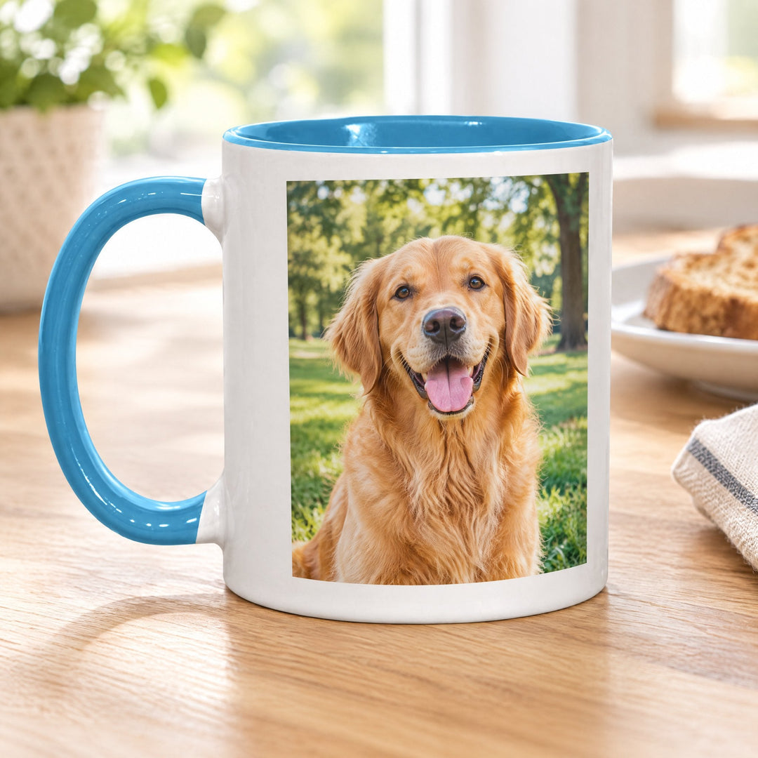 11oz light blue inner &amp; handle sublimation mug printed with a golden retriever photo, on a wooden kitchen table beside toast