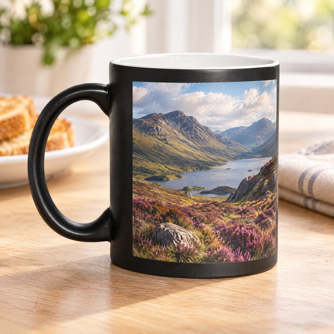 11oz matte black colour changing mugs printed with Highland mountains, on a wooden kitchen table