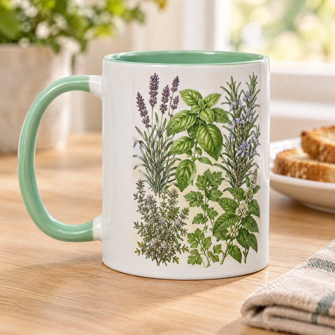 11oz mint green inner &amp; handle sublimation mug printed with garden herbs, on a wooden kitchen table