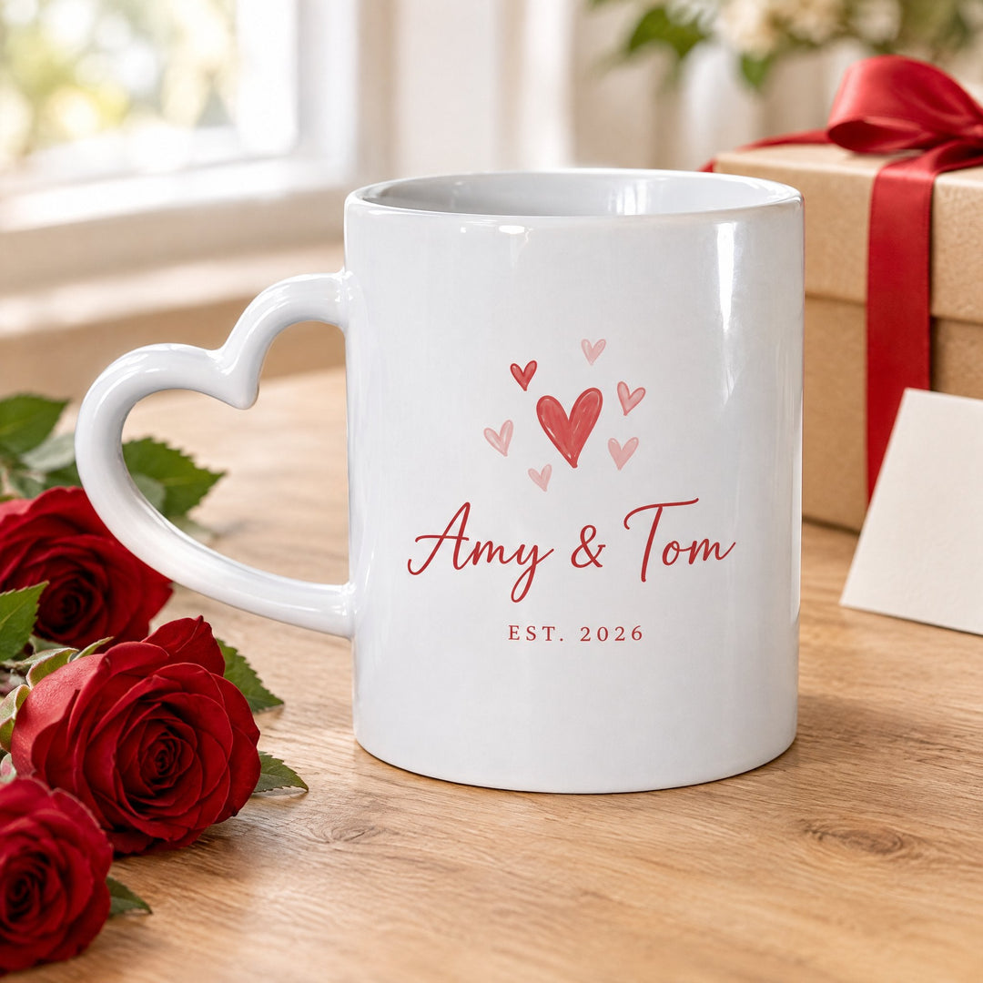 11oz sublimation heart handle mug printed with hand-drawn hearts, on a wooden table