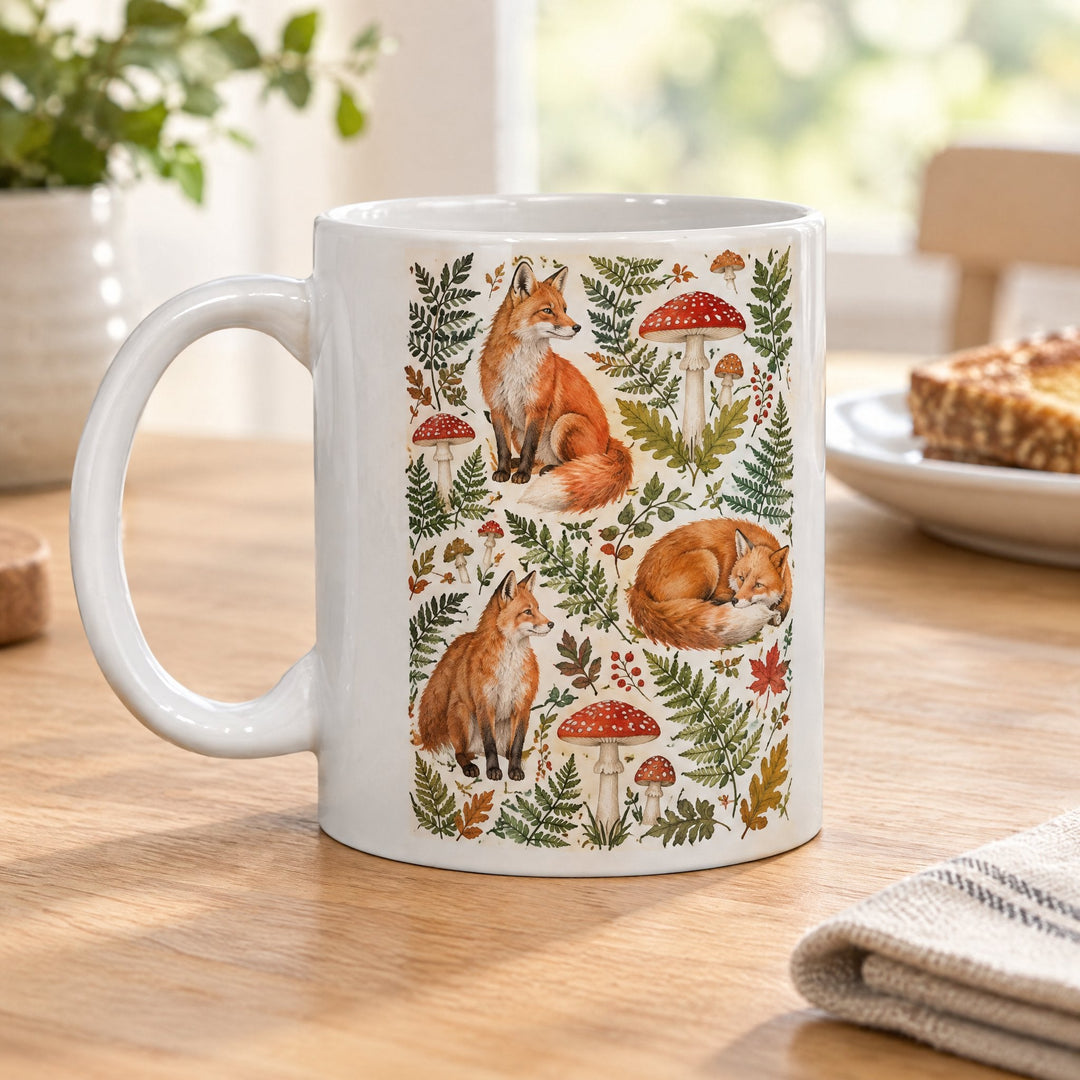 11oz superglaze white sublimation mugs printed with foxes, ferns and toadstools, on a wooden kitchen table