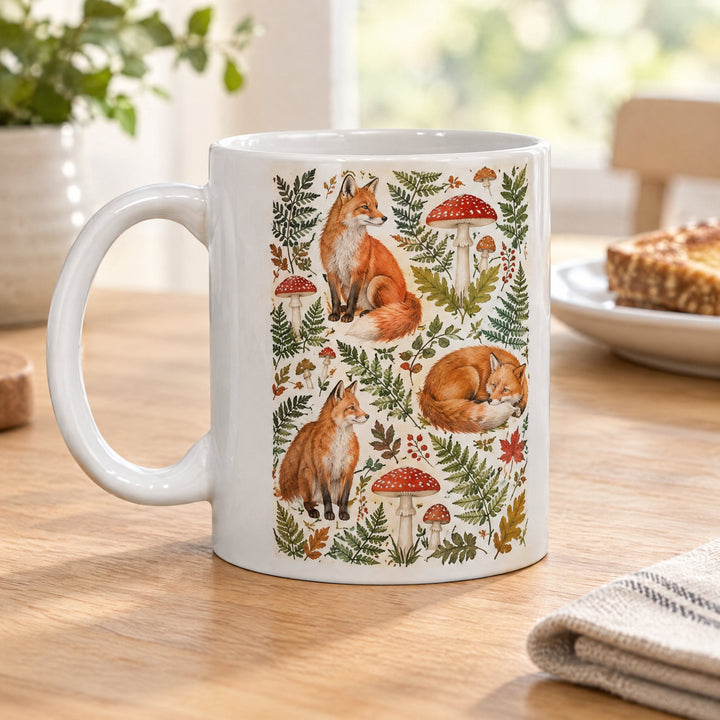 11oz superglaze white sublimation mugs printed with foxes, ferns and toadstools, on a wooden kitchen table