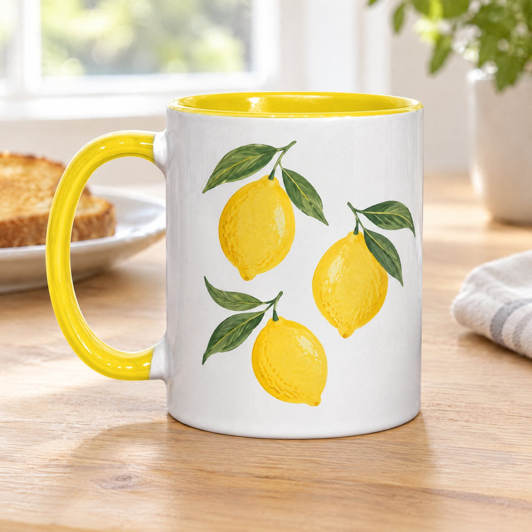 11oz yellow inner &amp; handle sublimation mug printed with three hand-drawn lemons, on a wooden kitchen table
