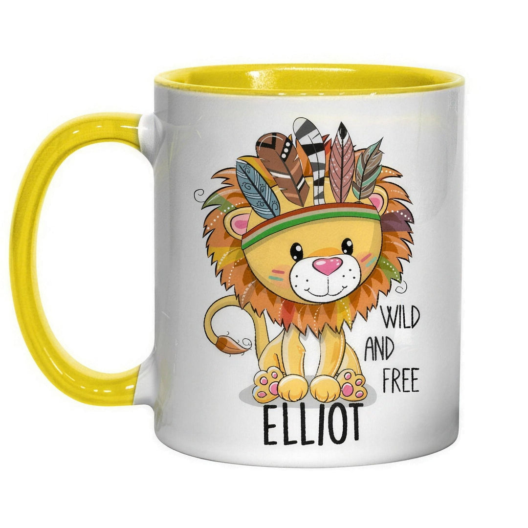 11oz yellow inner &amp; handle sublimation mug printed with a feathered lion cub, &