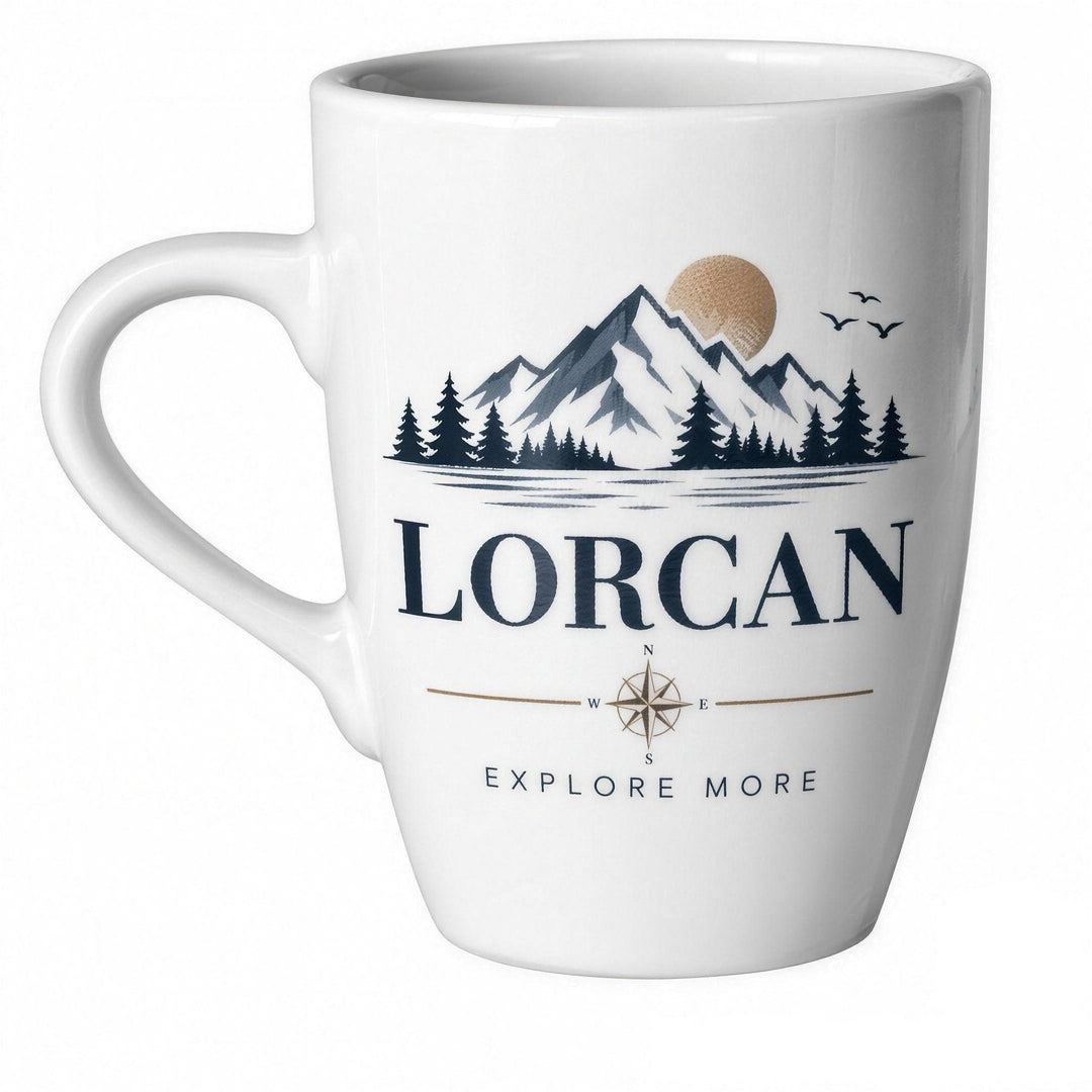 13oz sublimation marrow mug printed with a mountain scene, a compass and the name Lorcan