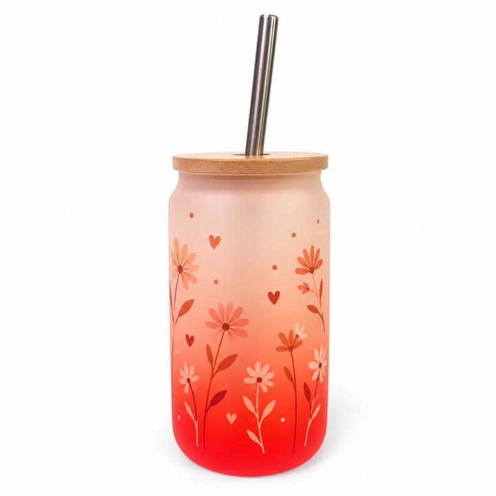 13oz Gradient Red Glass Tumbler with Bamboo Lid