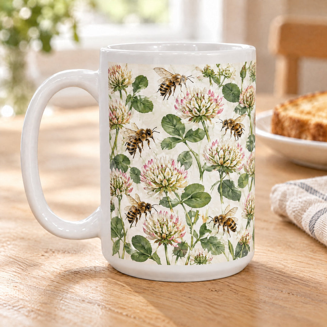 15oz white sublimation mug printed with honeybees and clover flowers, on a wooden breakfast table beside toast