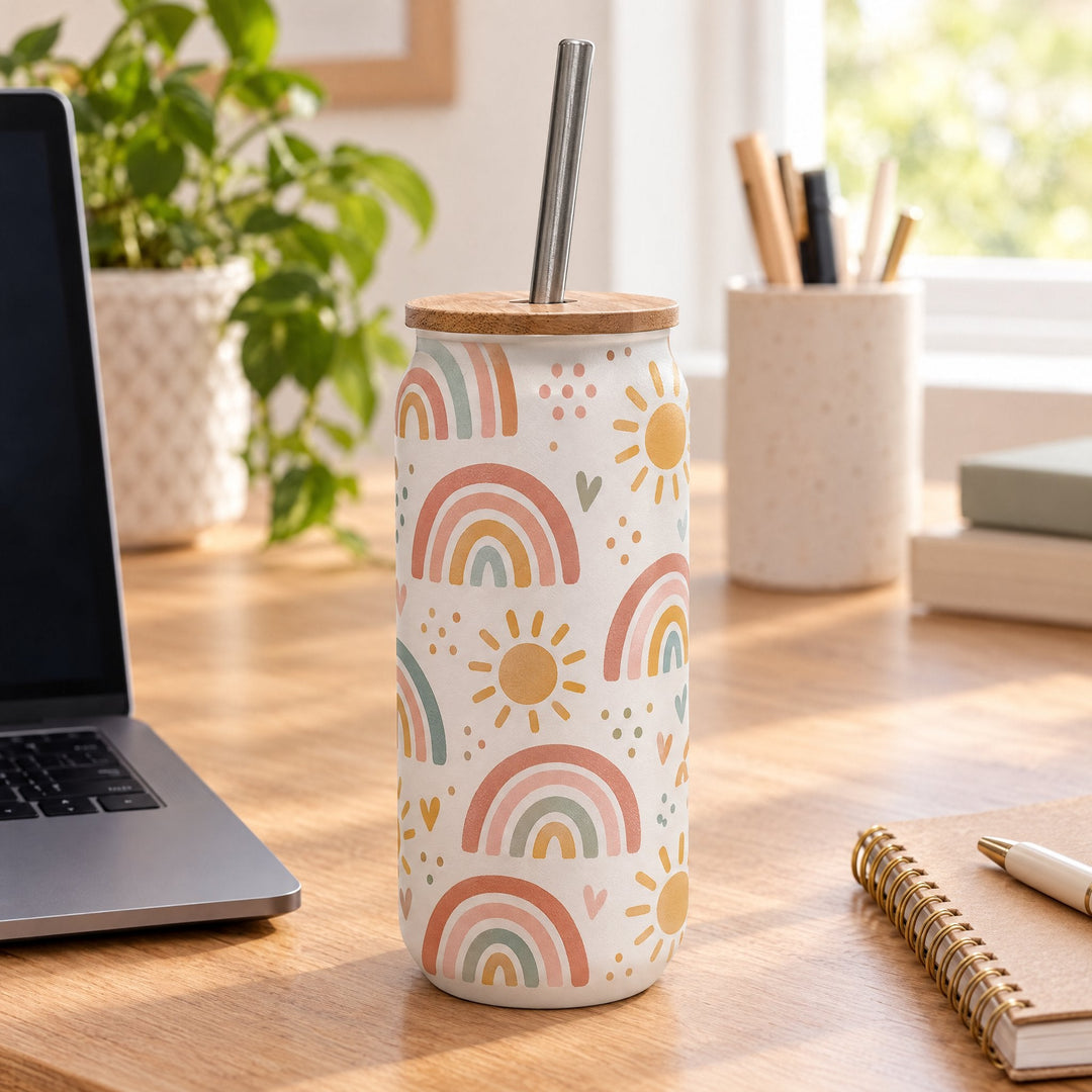 18oz frosted glass tumbler with bamboo lid printed with a boho rainbow and sun design, on a wooden desk