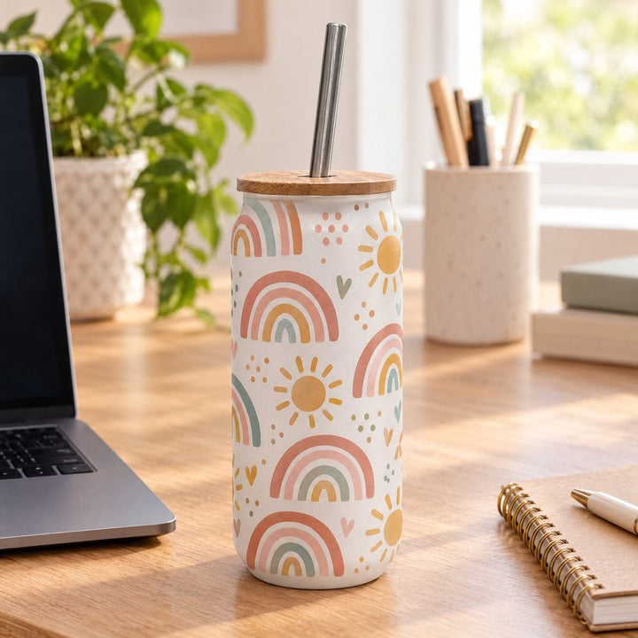 18oz frosted glass tumbler with bamboo lid printed with a boho rainbow and sun design, on a wooden desk