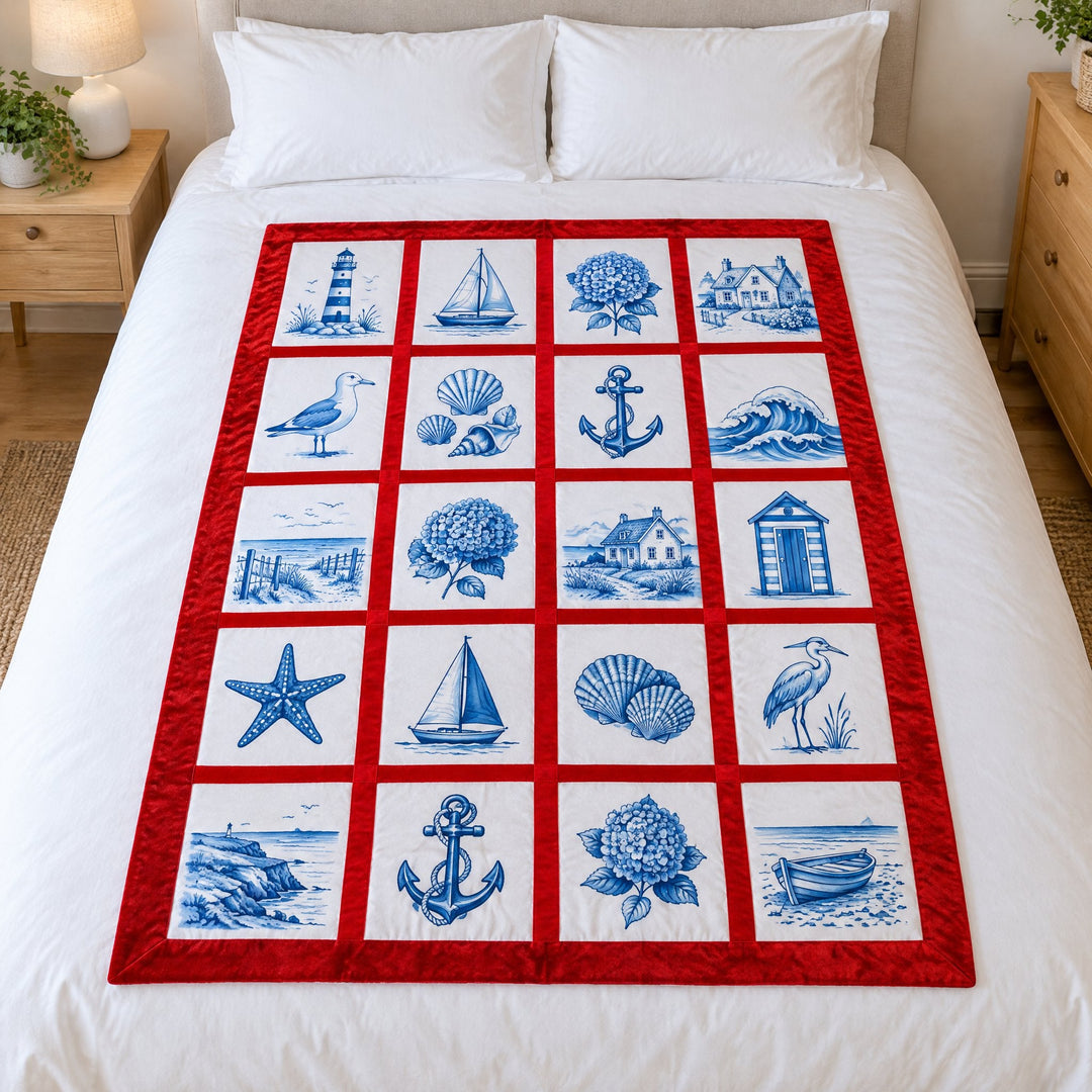 20 panel sublimation blanket printed with blue coastal sketches of lighthouses, boats and shells, on a double bed
