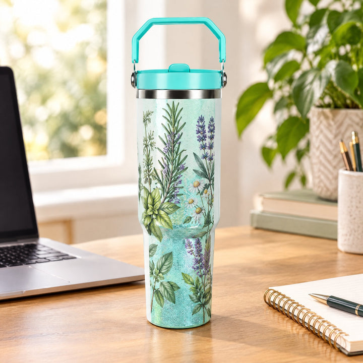 30oz sublimation glitter tumbler printed with garden herbs, on a wooden desk