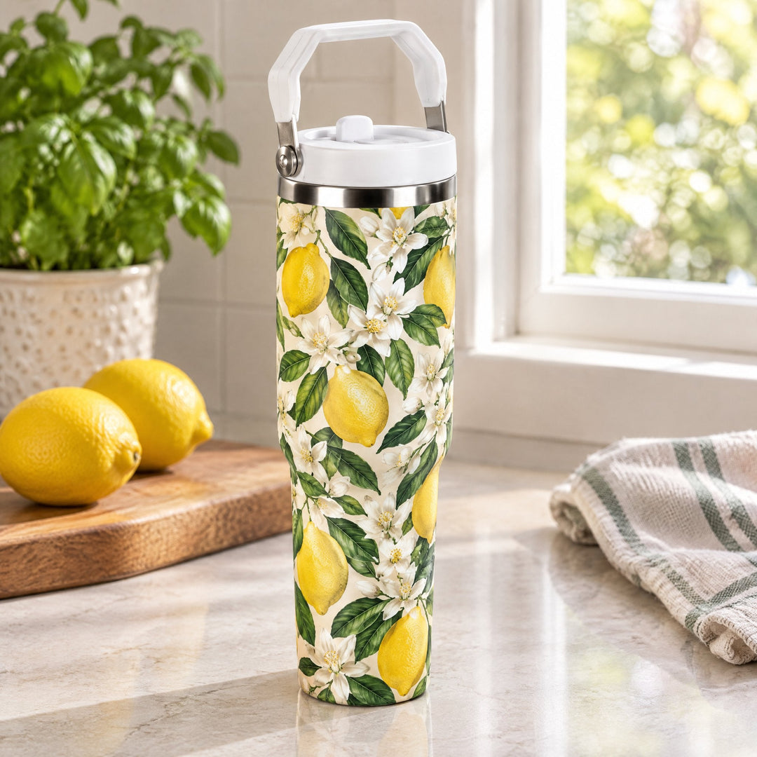 30oz tumbler printed with lemons and white blossom, on a marble worktop beside fresh lemons
