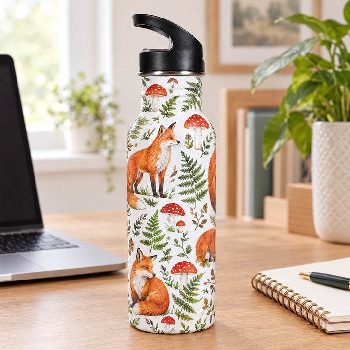 600ml sublimation stainless steel water bottle printed with foxes, ferns and toadstools, on a wooden desk