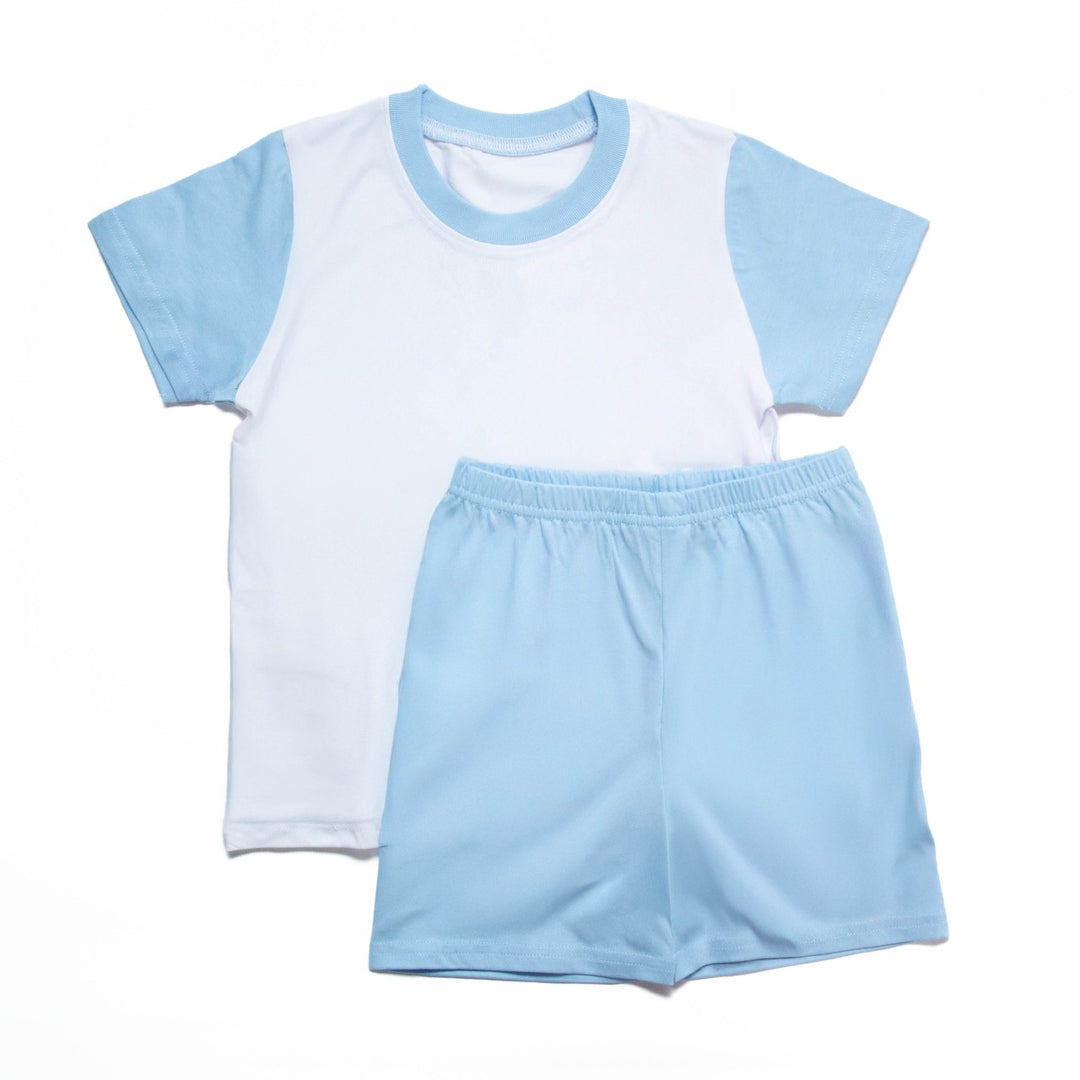 sublimation blue t-shirt and short set, pyjamas set, children's sublimation pyjamas, children's short and top set, sublimation pyjamas, sublimation clothes, sublimation child's clothing.