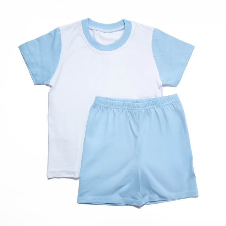 sublimation blue t-shirt and short set, pyjamas set, children's sublimation pyjamas, children's short and top set, sublimation pyjamas, sublimation clothes, sublimation child's clothing.