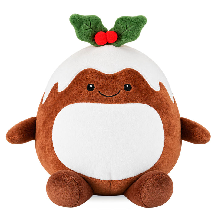 Front view of the Christmas Pudding sublimation plush toy with holly on top and blank tummy panel 