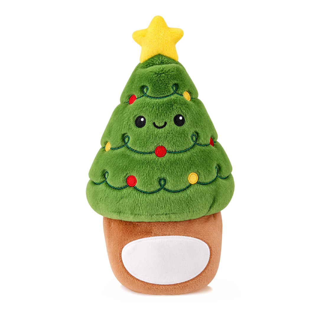 Front view of the Christmas Tree sublimation plush toy with embroidered garland and yellow star