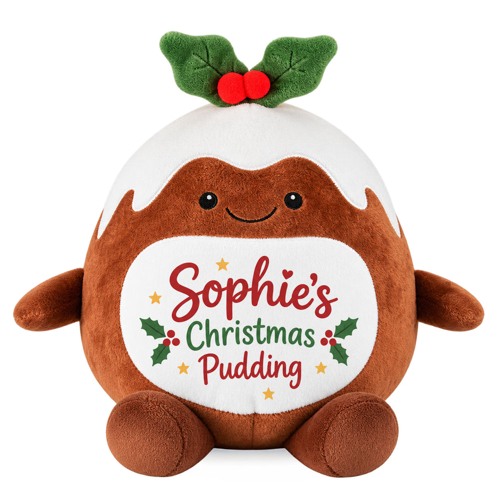 Christmas Pudding sublimation plush toy personalised with "Sophie's Christmas Pudding"