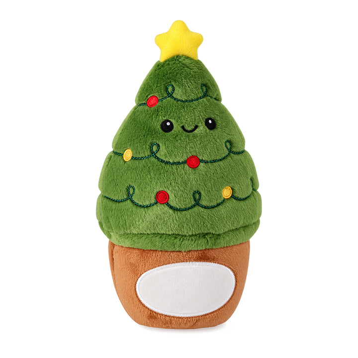 Christmas Tree sublimation plush toy with blank white panel on the pot, from the Brambleton Bears range
