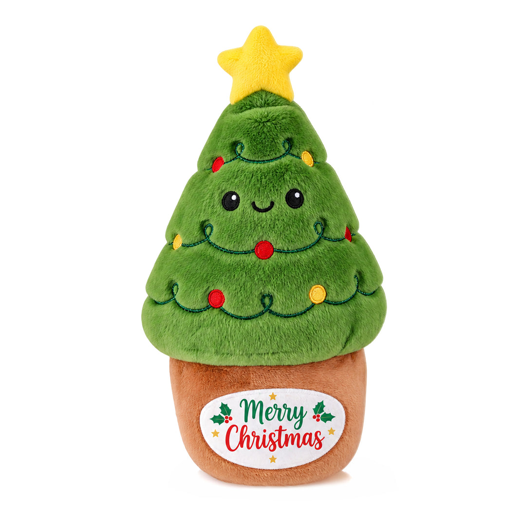 Christmas Tree sublimation plush toy with "Merry Christmas" printed on the pot panel 