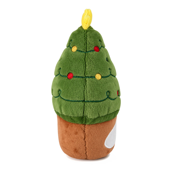 Back of the Christmas Tree plush toy, showing the embroidered garland of red and yellow baubles