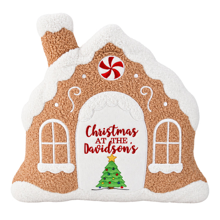 Gingerbread House sublimation cushion personalised with "Christmas at the Davidson&