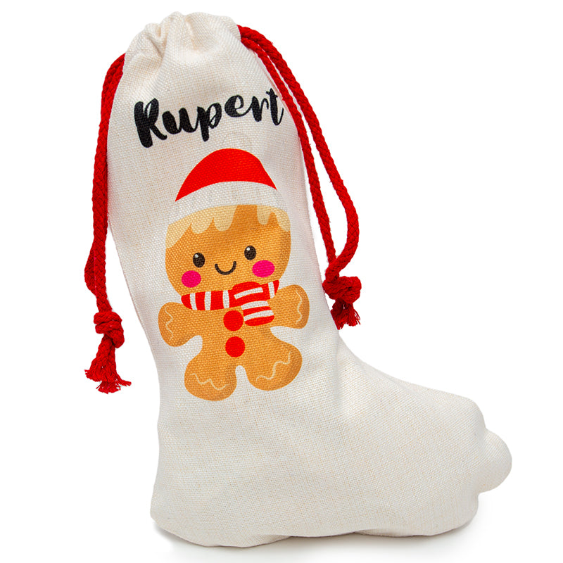 a drawstring santa stocking made of a linen like material suitable for sublimation printing